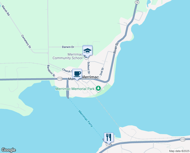 map of restaurants, bars, coffee shops, grocery stores, and more near 140 2nd Street in Merrimac