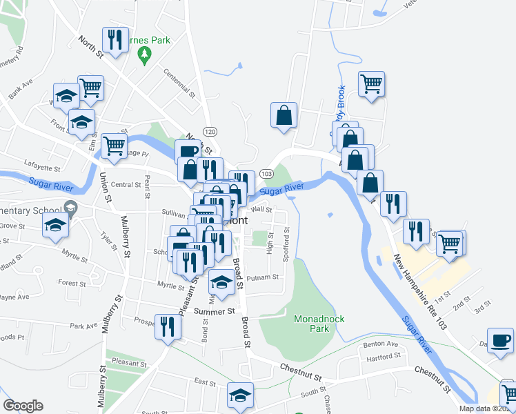 map of restaurants, bars, coffee shops, grocery stores, and more near 12 Wall Street in Claremont