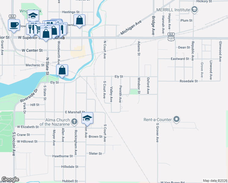map of restaurants, bars, coffee shops, grocery stores, and more near 127 Valley Avenue in Alma