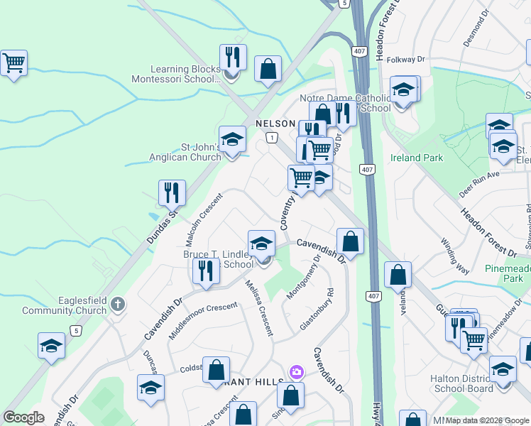 map of restaurants, bars, coffee shops, grocery stores, and more near Malcolm Crescent in Burlington