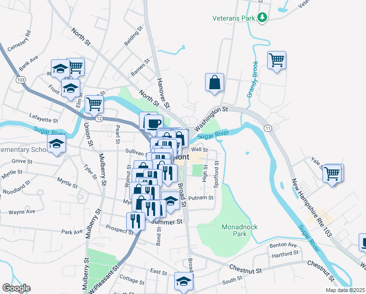 map of restaurants, bars, coffee shops, grocery stores, and more near 11 Water Street in Claremont