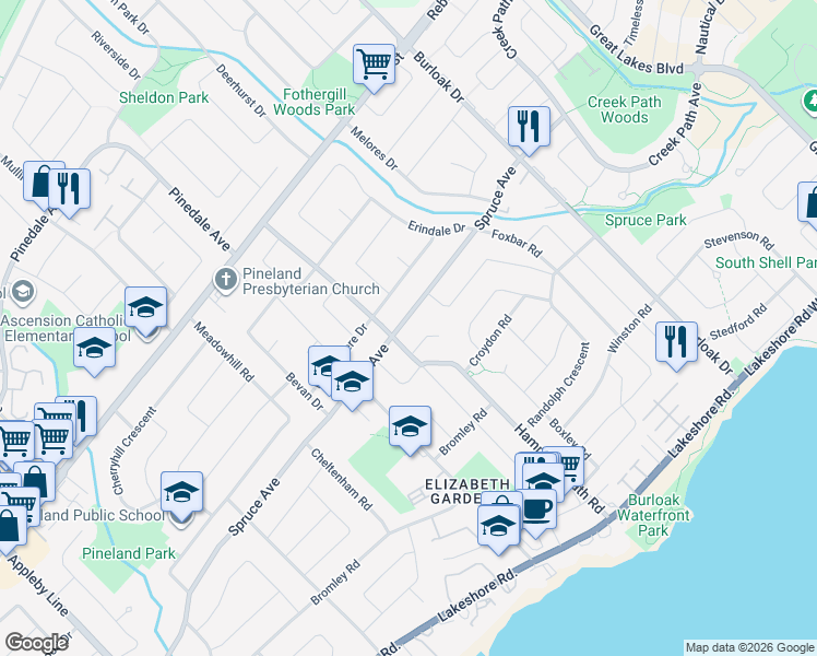 map of restaurants, bars, coffee shops, grocery stores, and more near 5372 Spruce Avenue in Burlington