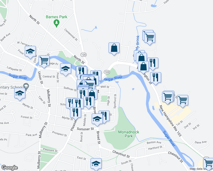map of restaurants, bars, coffee shops, grocery stores, and more near 28 Wall Street in Claremont