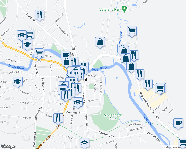 map of restaurants, bars, coffee shops, grocery stores, and more near 13 Meadow Street in Claremont