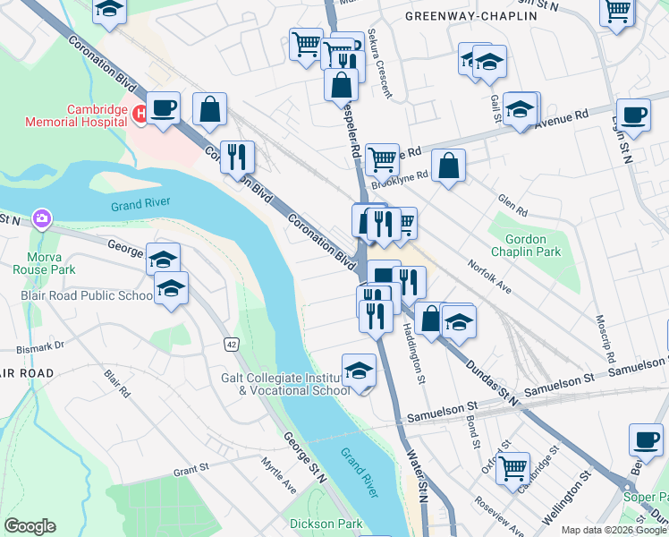 map of restaurants, bars, coffee shops, grocery stores, and more near 31 Waterside Avenue in Cambridge
