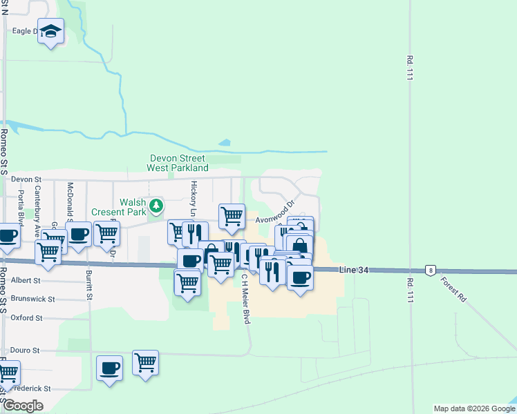 map of restaurants, bars, coffee shops, grocery stores, and more near 88 Avonwood Drive in Stratford