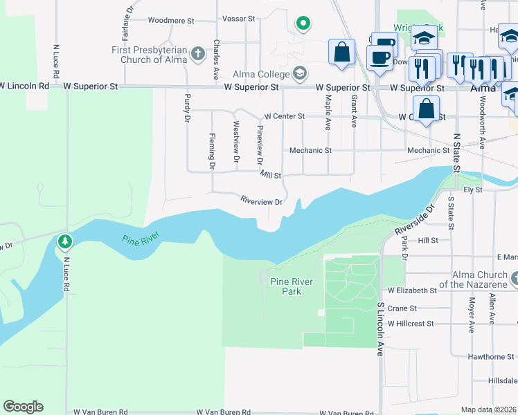 map of restaurants, bars, coffee shops, grocery stores, and more near 894 Riverview Drive in Alma