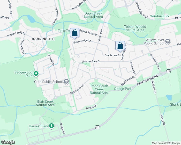 map of restaurants, bars, coffee shops, grocery stores, and more near 693 Doon South Drive in Kitchener
