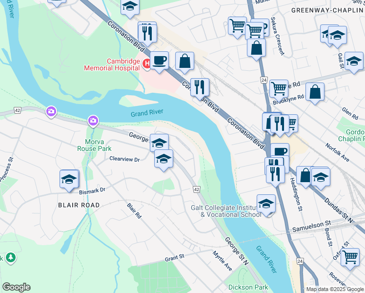 map of restaurants, bars, coffee shops, grocery stores, and more near 311 George Street North in Cambridge