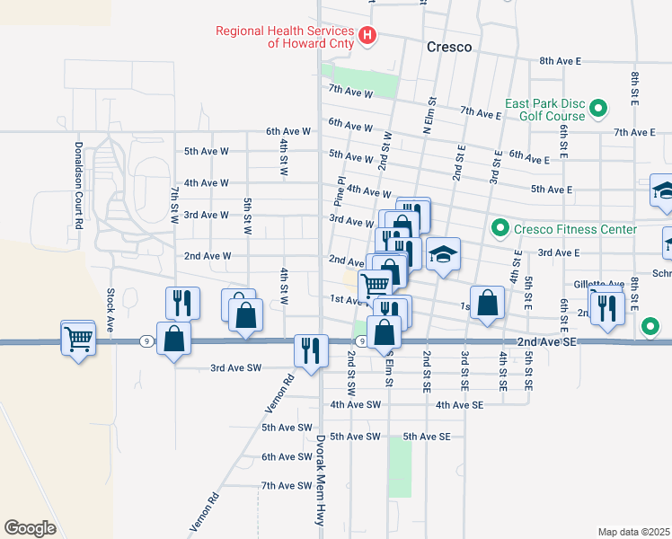 map of restaurants, bars, coffee shops, grocery stores, and more near 236-274 2nd Avenue West in Cresco