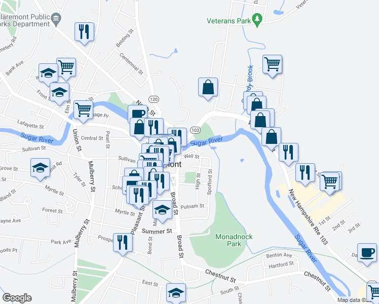 map of restaurants, bars, coffee shops, grocery stores, and more near Meadow Street in Claremont