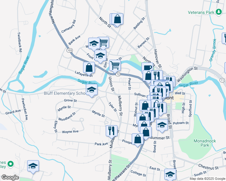 map of restaurants, bars, coffee shops, grocery stores, and more near 8 Union Street in Claremont