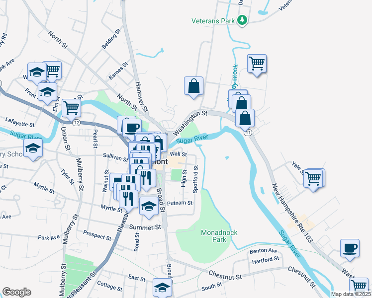 map of restaurants, bars, coffee shops, grocery stores, and more near 28 Wall Street in Claremont