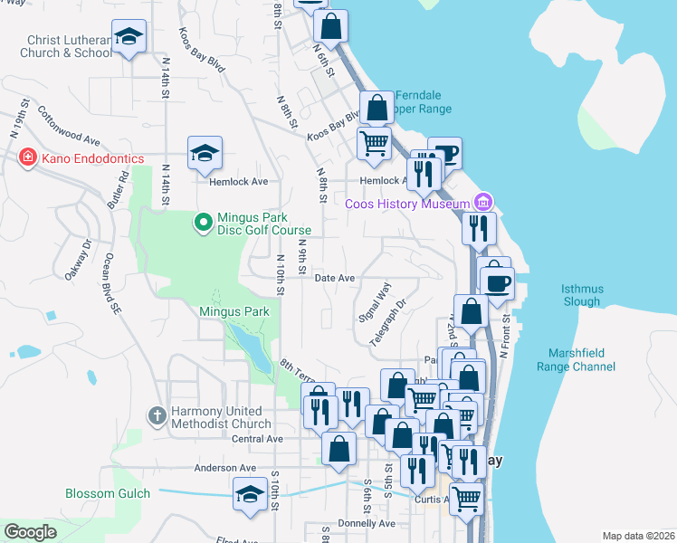 map of restaurants, bars, coffee shops, grocery stores, and more near 724 Date Avenue in Coos Bay