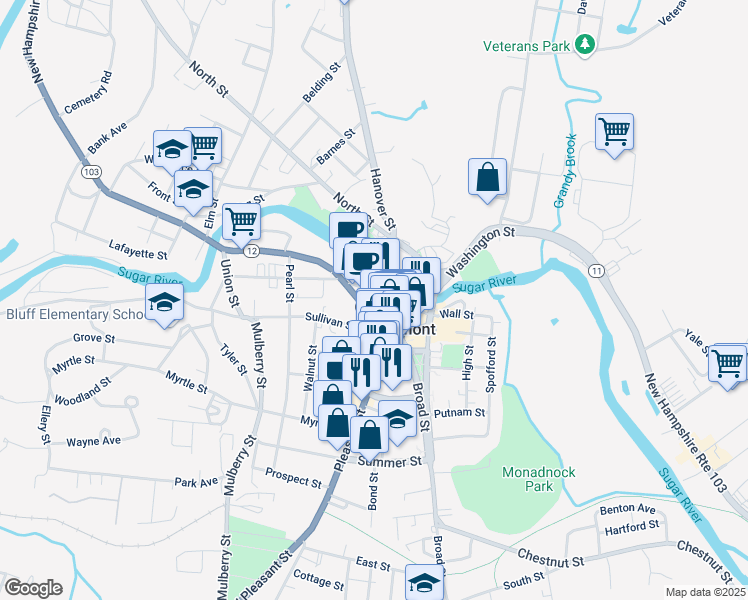 map of restaurants, bars, coffee shops, grocery stores, and more near 45 Crescent Street in Claremont
