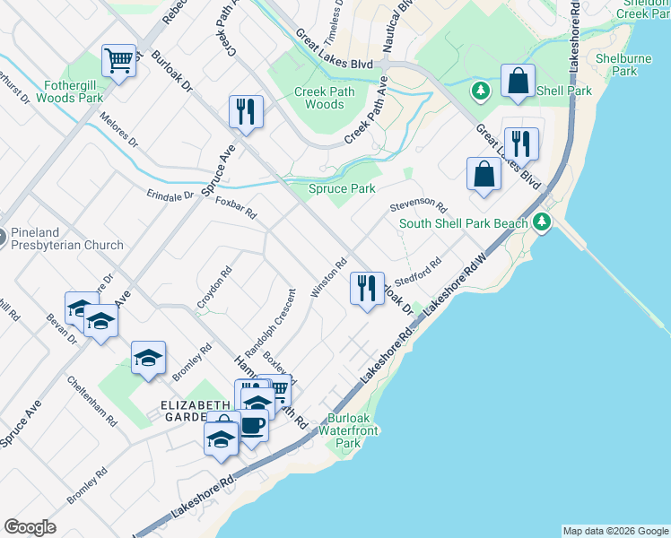 map of restaurants, bars, coffee shops, grocery stores, and more near Euston Road in Burlington