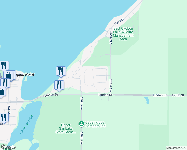 map of restaurants, bars, coffee shops, grocery stores, and more near 317 240th Avenue in Arnolds Park