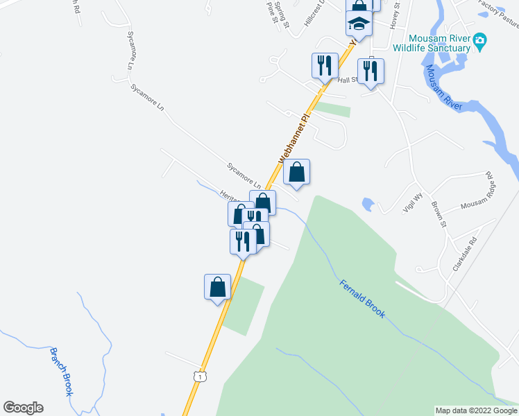 map of restaurants, bars, coffee shops, grocery stores, and more near 107 York Street in Kennebunk