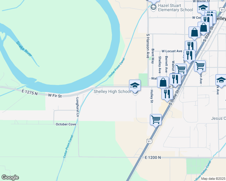 map of restaurants, bars, coffee shops, grocery stores, and more near 606 East 1275 North in Shelley