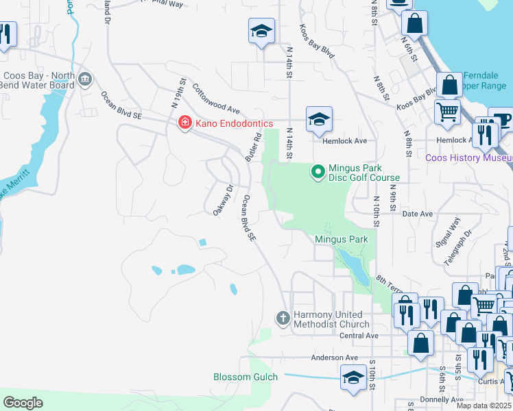 map of restaurants, bars, coffee shops, grocery stores, and more near 1520 Barham Terrace in Coos Bay