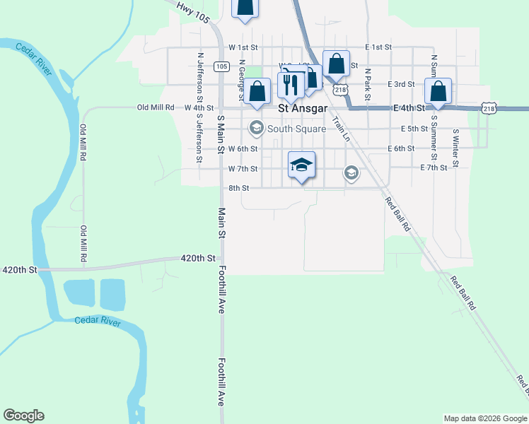 map of restaurants, bars, coffee shops, grocery stores, and more near 300-398 8th Street in Saint Ansgar