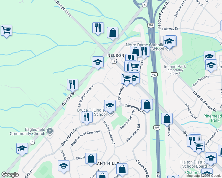 map of restaurants, bars, coffee shops, grocery stores, and more near 2457 Malcolm Crescent in Burlington