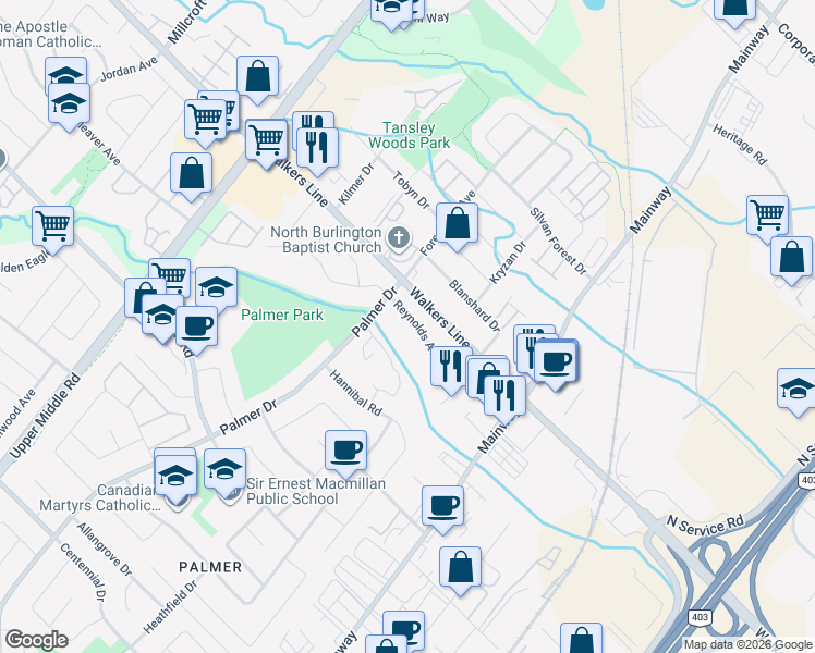 map of restaurants, bars, coffee shops, grocery stores, and more near 1467 Reynolds Avenue in Burlington