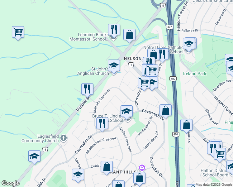 map of restaurants, bars, coffee shops, grocery stores, and more near 2371 Gillingham Drive in Burlington