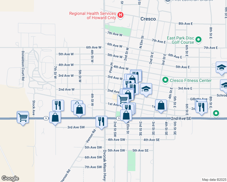 map of restaurants, bars, coffee shops, grocery stores, and more near 236 2nd Avenue West in Cresco