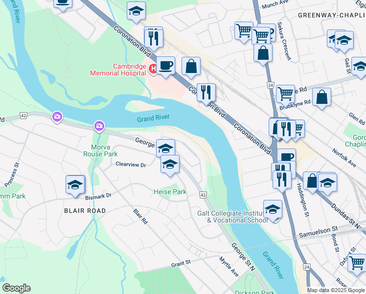 map of restaurants, bars, coffee shops, grocery stores, and more near 311 George Street North in Cambridge