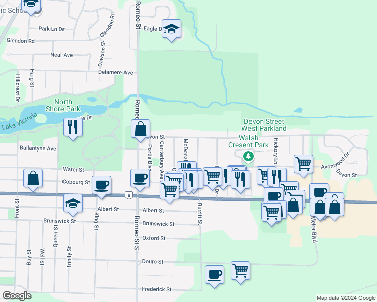 map of restaurants, bars, coffee shops, grocery stores, and more near 25 McDonald Street in Stratford
