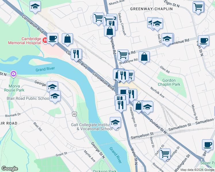 map of restaurants, bars, coffee shops, grocery stores, and more near 530 Waterloo Regional Road 8 in Cambridge