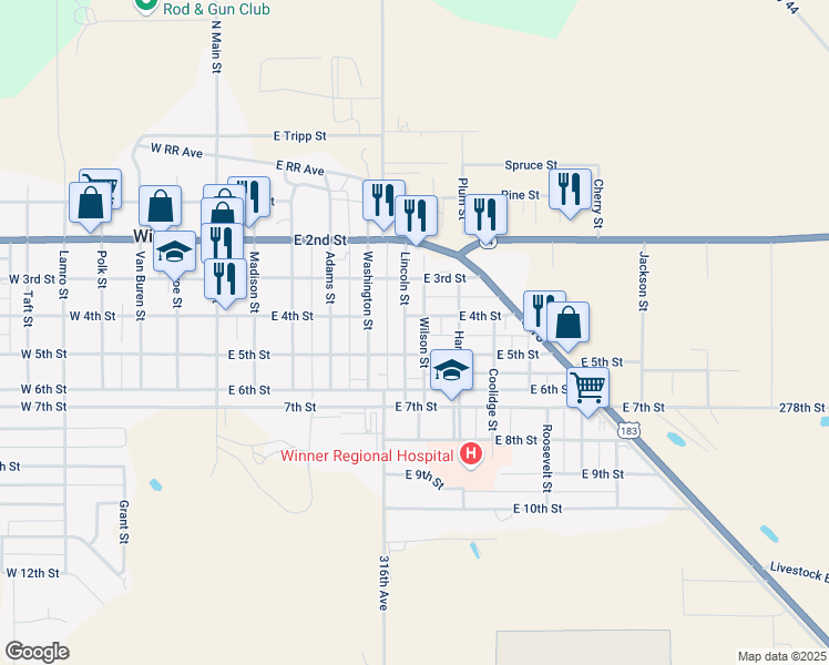 map of restaurants, bars, coffee shops, grocery stores, and more near 401-499 Wilson Street in Winner