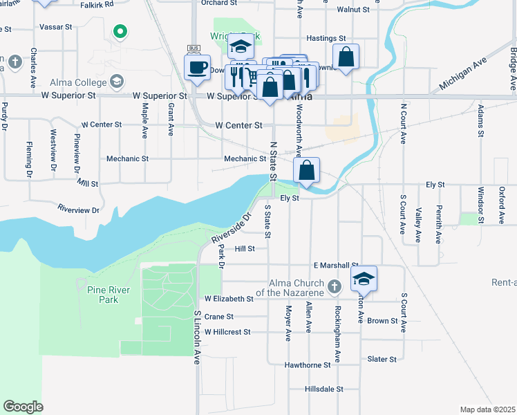 map of restaurants, bars, coffee shops, grocery stores, and more near 109 Riverside Drive in Alma