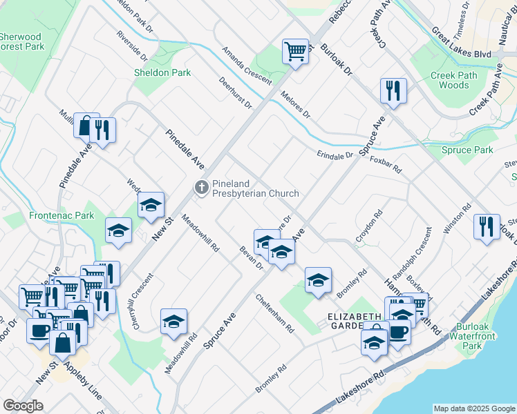 map of restaurants, bars, coffee shops, grocery stores, and more near 360 Dunlop Crescent in Burlington