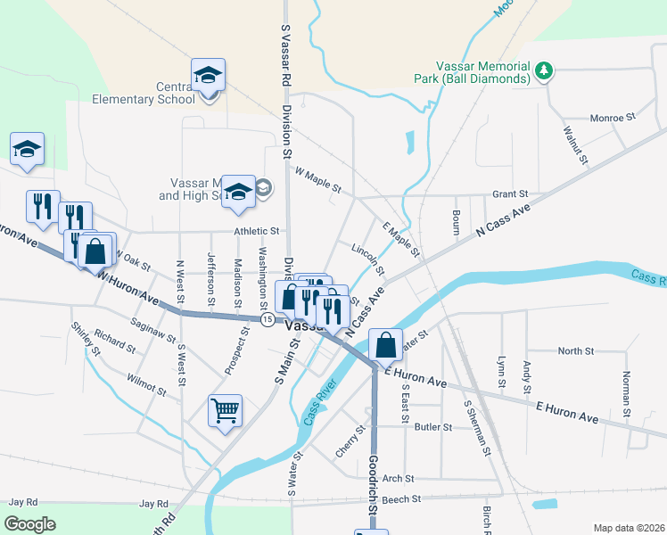 map of restaurants, bars, coffee shops, grocery stores, and more near 246 North Main Street in Vassar