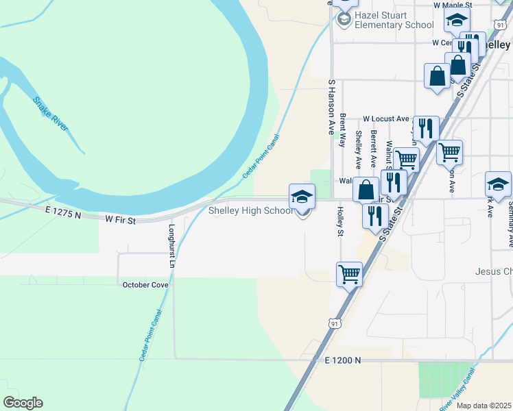 map of restaurants, bars, coffee shops, grocery stores, and more near 606 East 1275 North in Shelley