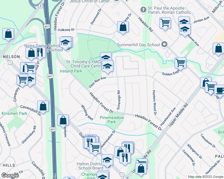 map of restaurants, bars, coffee shops, grocery stores, and more near 3207 Maderna Road in Burlington