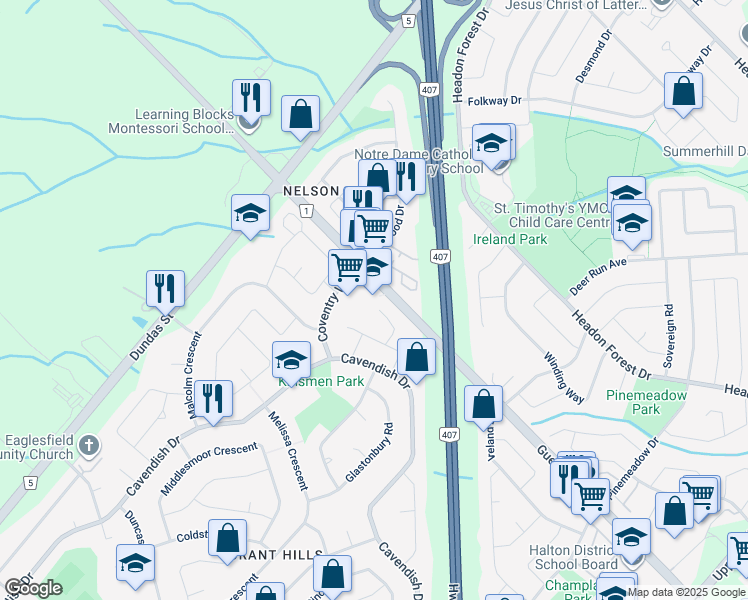 map of restaurants, bars, coffee shops, grocery stores, and more near 2400 Guelph Line in Burlington