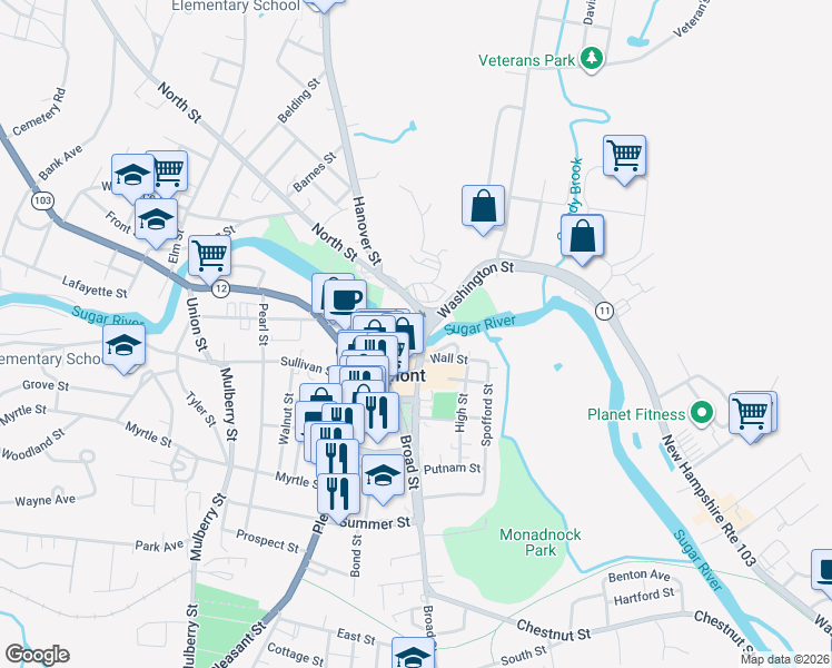 map of restaurants, bars, coffee shops, grocery stores, and more near 12 Meadow Street in Claremont