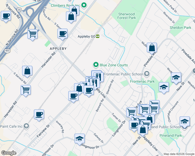 map of restaurants, bars, coffee shops, grocery stores, and more near 5035 Bidwell Common in Burlington