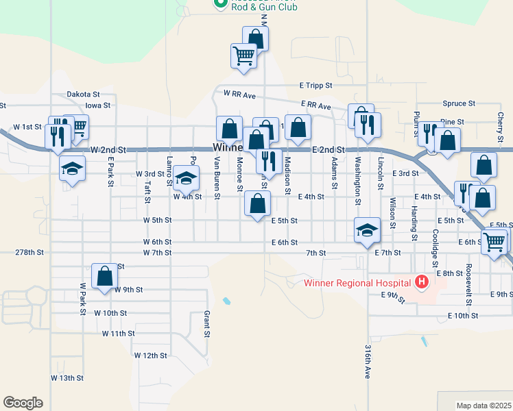 map of restaurants, bars, coffee shops, grocery stores, and more near 402 Monroe St in Winner