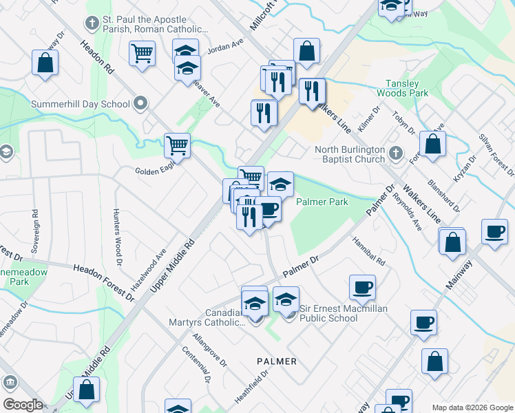 map of restaurants, bars, coffee shops, grocery stores, and more near 1467 Headon Road in Burlington