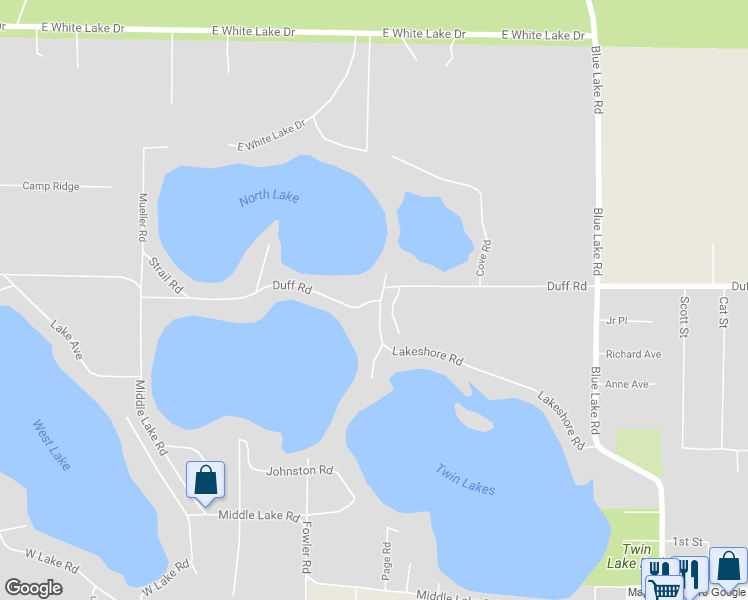 map of restaurants, bars, coffee shops, grocery stores, and more near 2620 Duff Road in Twin Lake