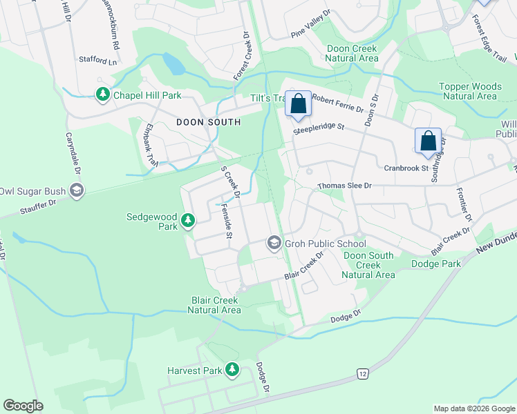 map of restaurants, bars, coffee shops, grocery stores, and more near 16 Meadowridge Street in Kitchener