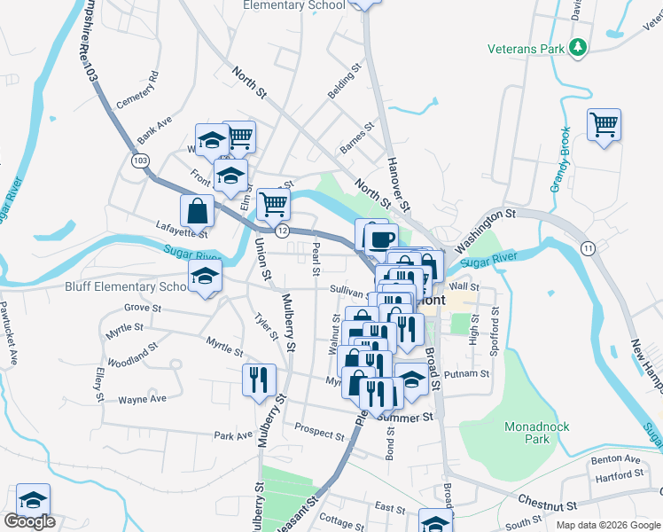 map of restaurants, bars, coffee shops, grocery stores, and more near 16 Central Street in Claremont