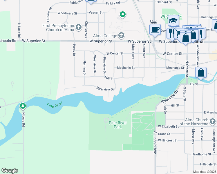 map of restaurants, bars, coffee shops, grocery stores, and more near 894 Riverview Drive in Alma