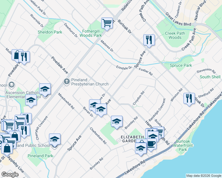 map of restaurants, bars, coffee shops, grocery stores, and more near 5376 Windermere Drive in Burlington