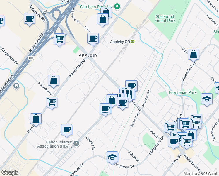 map of restaurants, bars, coffee shops, grocery stores, and more near 750 Appleby Line in Burlington