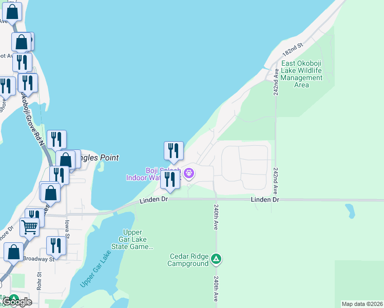 map of restaurants, bars, coffee shops, grocery stores, and more near 425 240th Avenue in Arnolds Park